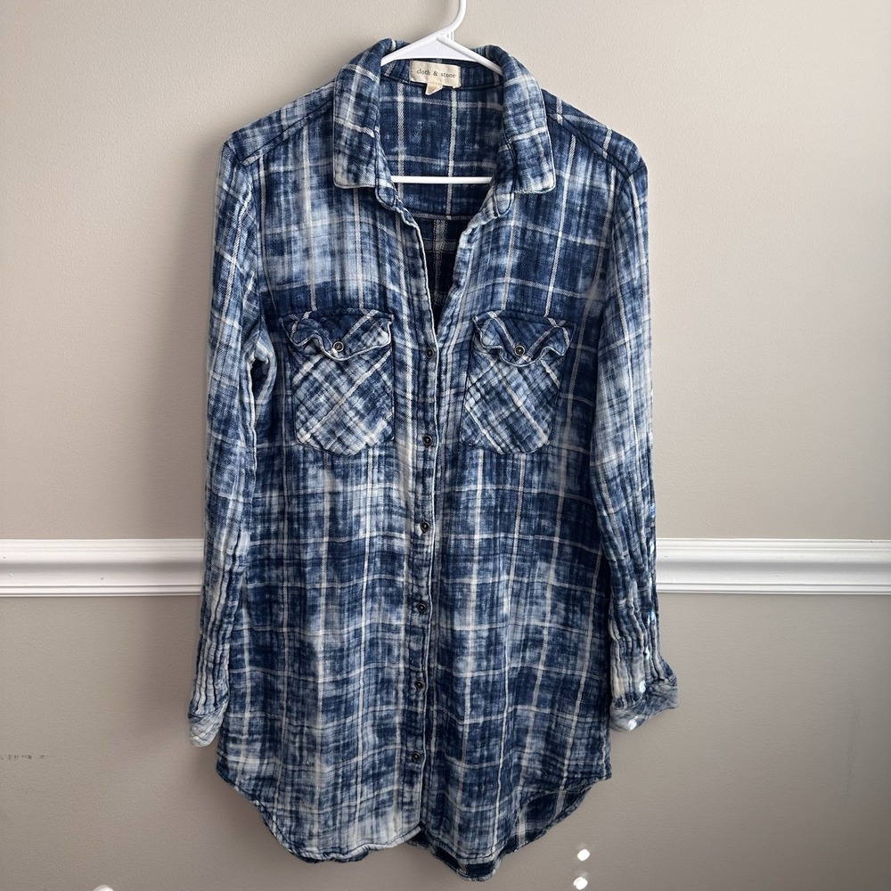 Cloth & Stone Blue Plaid Acid Wash Button Shirt Tunic Dress Western Boho Layer L